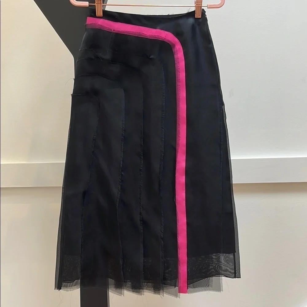 LANVIN black with pink raw edge layered silk midi skirt XXS NEW - Picture 1 of 6